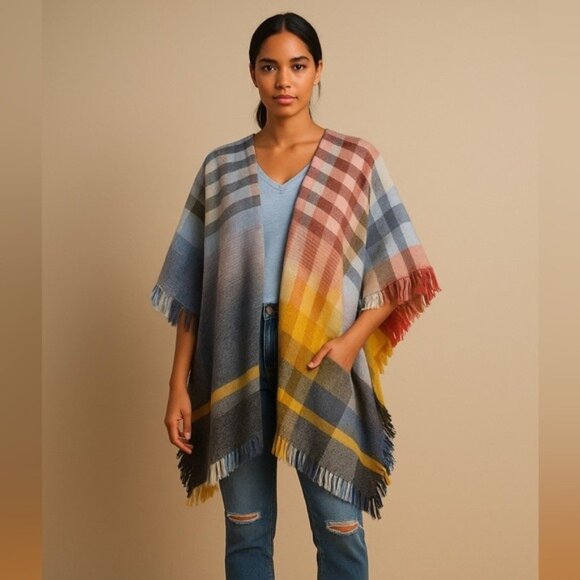 Anthropologie By Anthropologie – Colorful Striped Wool Blend Fringe Ruana Poncho - Picture 16 of 16